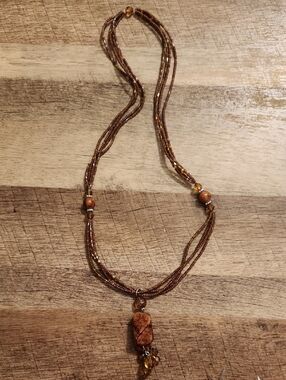 Brown Beaded Multi-Strand Acrylic Pendant Necklace